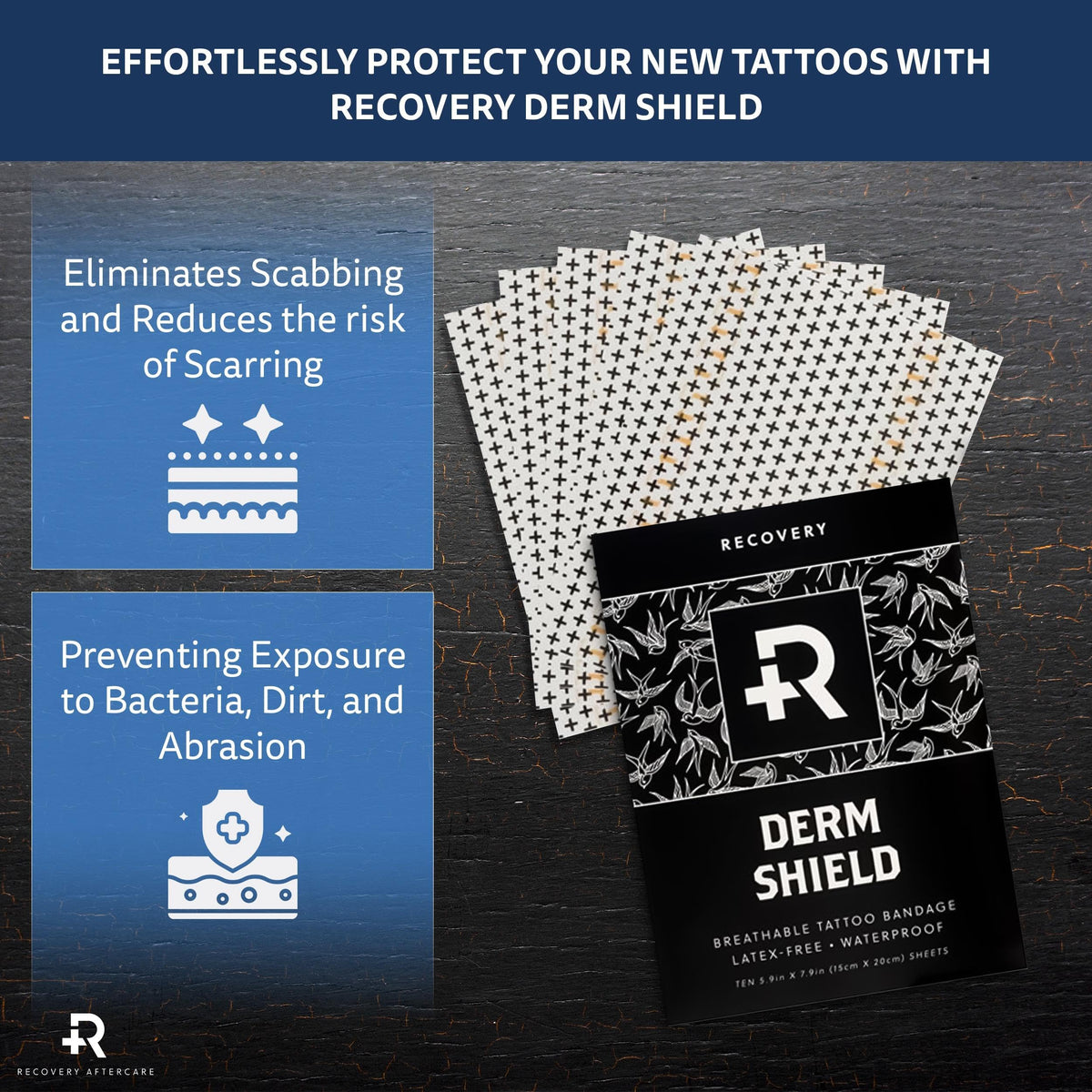 Recovery Aftercare Derm Shield waterproof tattoo bandage keeps ink protected during activities