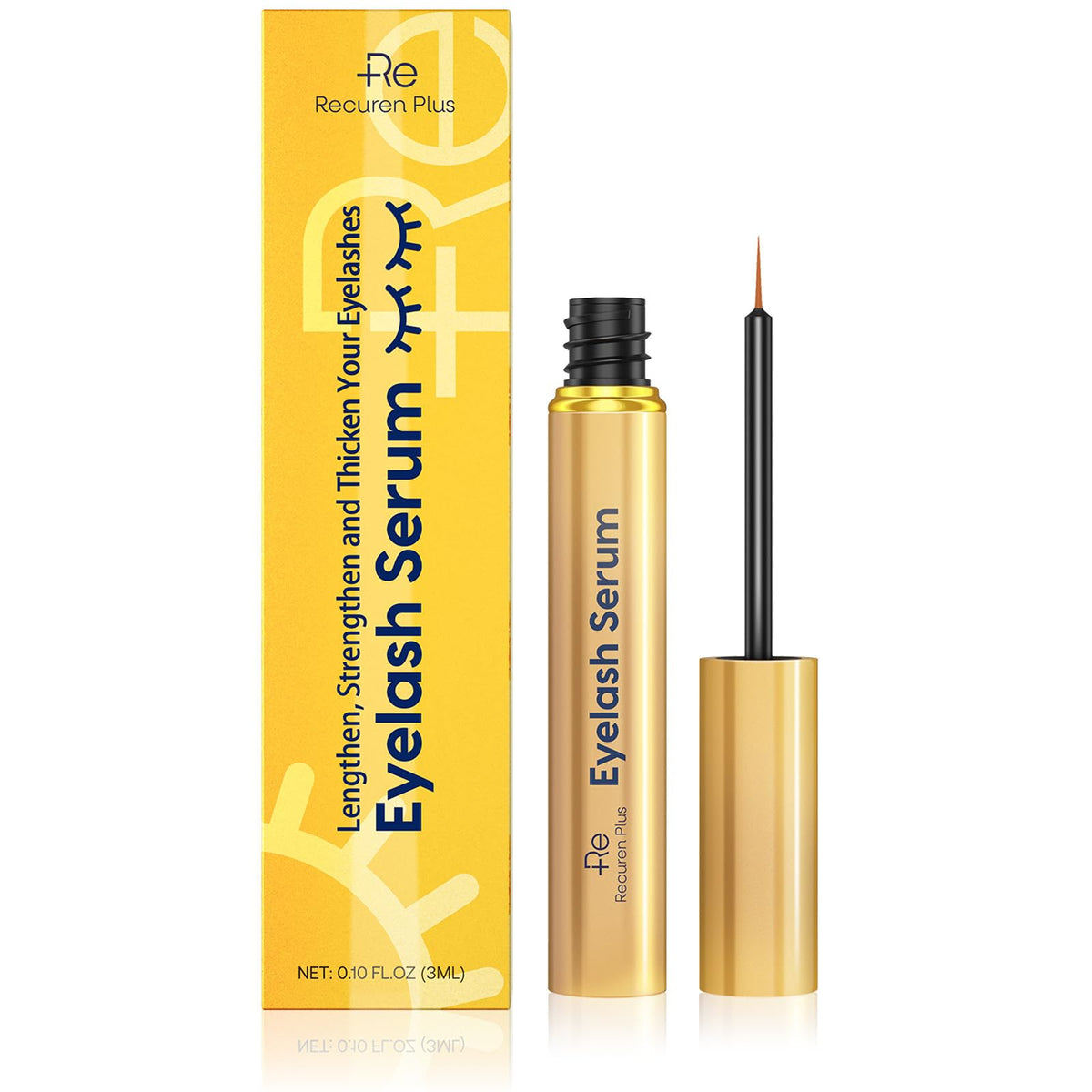Recuren Plus eyelash serum bottle—vegan formula for longer, fuller lashes.