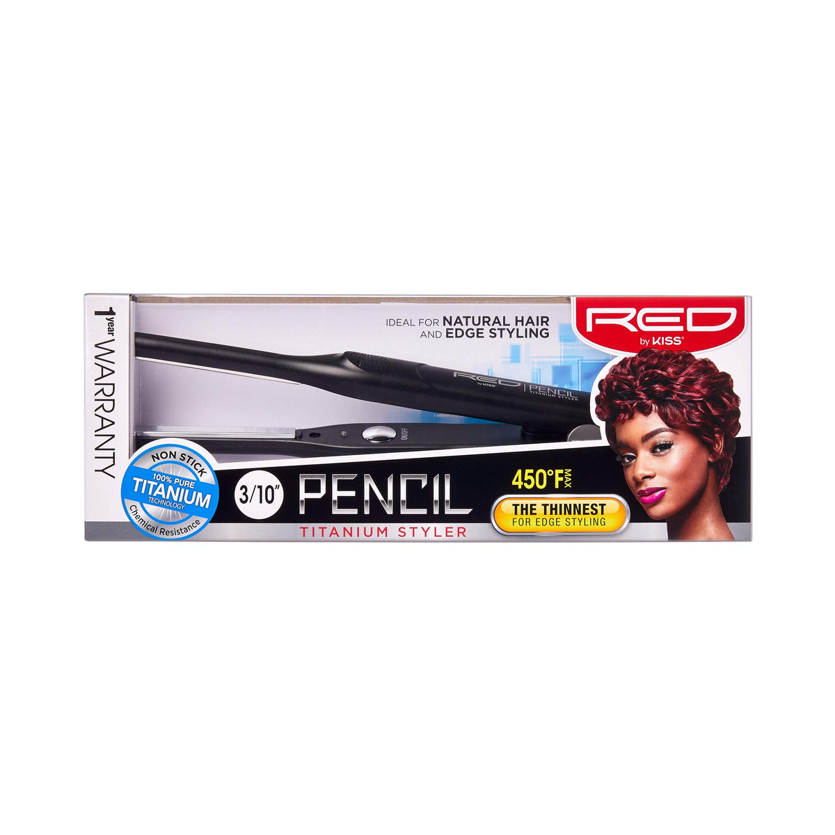 Red by Kiss Titanium Styler Pencil Flat Iron edges close-up for precise edge work.