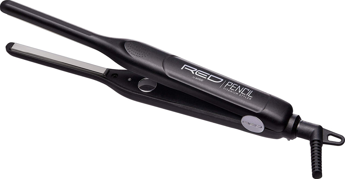Red by Kiss Titanium Styler Pencil Flat Iron plates close-up showing ultra-thin titanium for precise styling.