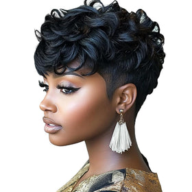 Red Pixie Pixie Cut Wig natural black curly front view for stylish everyday wear.