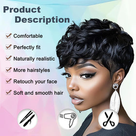 Red Pixie short curly wig with bangs, ideal for versatile parting.