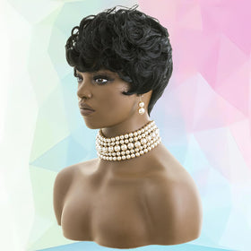Red Pixie wavy synthetic hair wig close-up shows soft, knot-resistant texture.