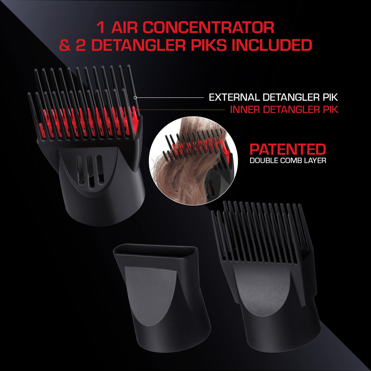 Red Pro 3200 Turbo Pro double-layer detangler pik for efficient multi-function styling