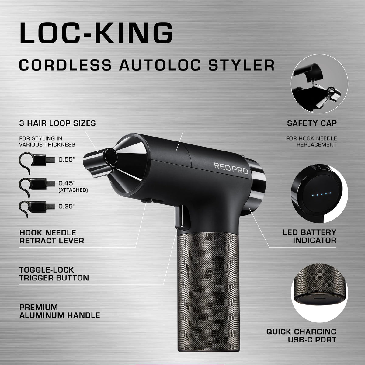 RED Pro cordless auto loc styler with interchangeable loops for customizable loc sizes.