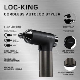 RED Pro cordless auto loc styler with interchangeable loops for customizable loc sizes.