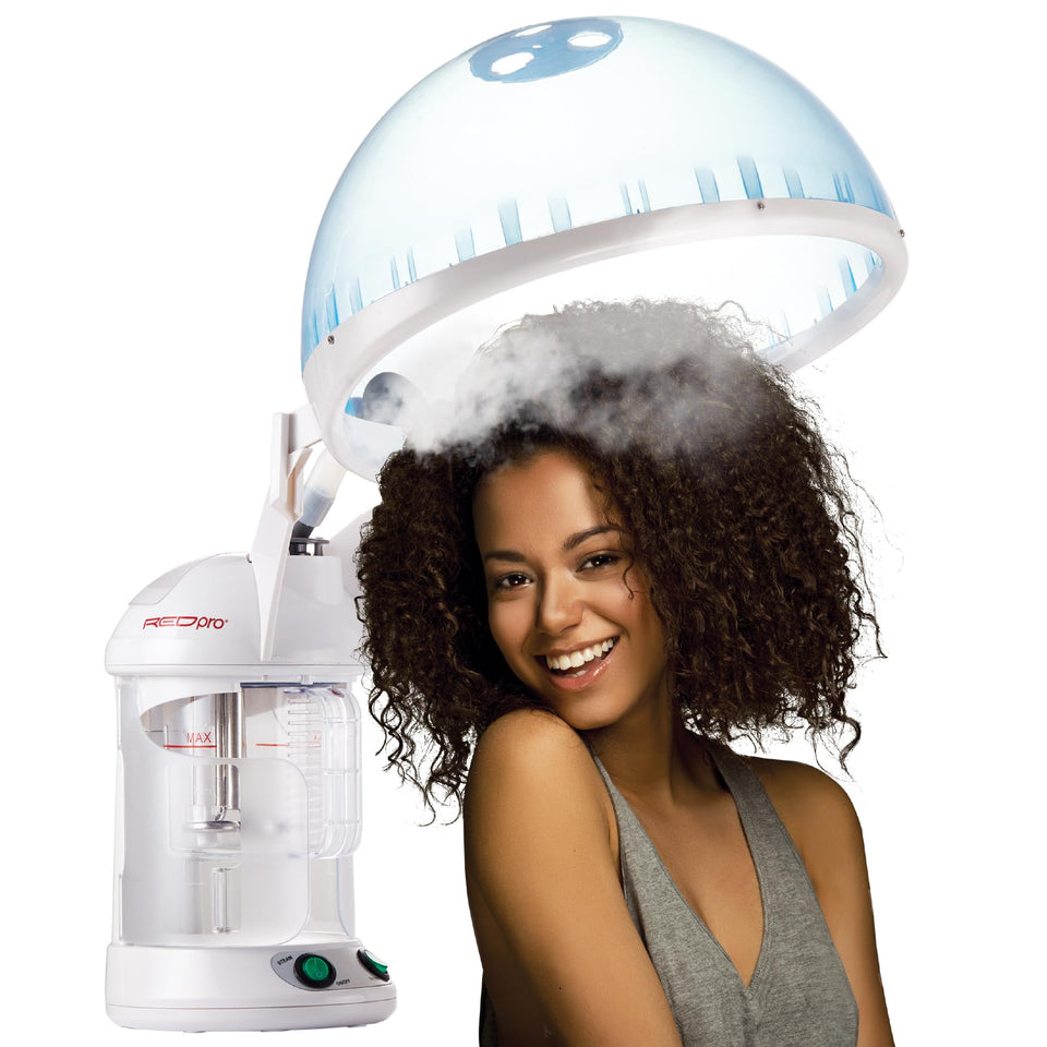 Red Pro Hair Therapy Steamer front view showing compact design for at-home hydration
