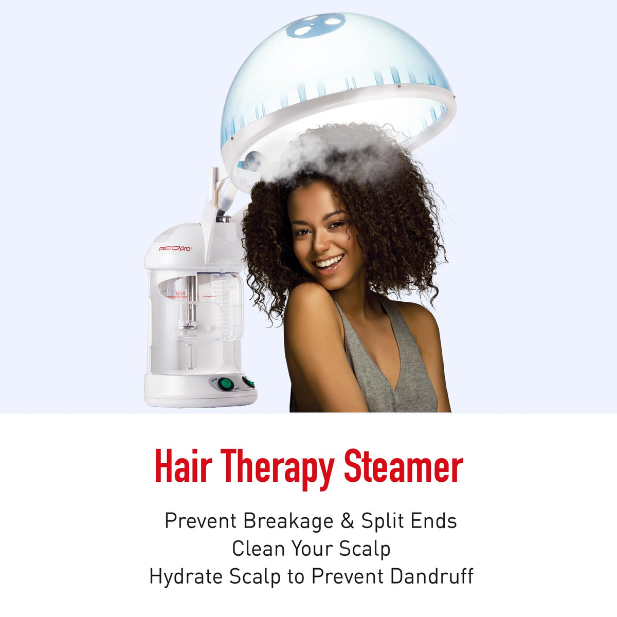 Red Pro Hair Therapy Steamer shows hair treatment setup for enhanced conditioning