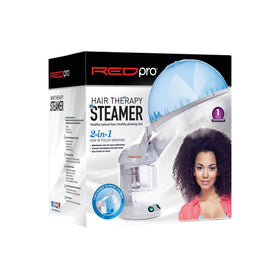 Red Pro Hair Therapy Steamer with facial attachment demonstrates versatile skincare at home