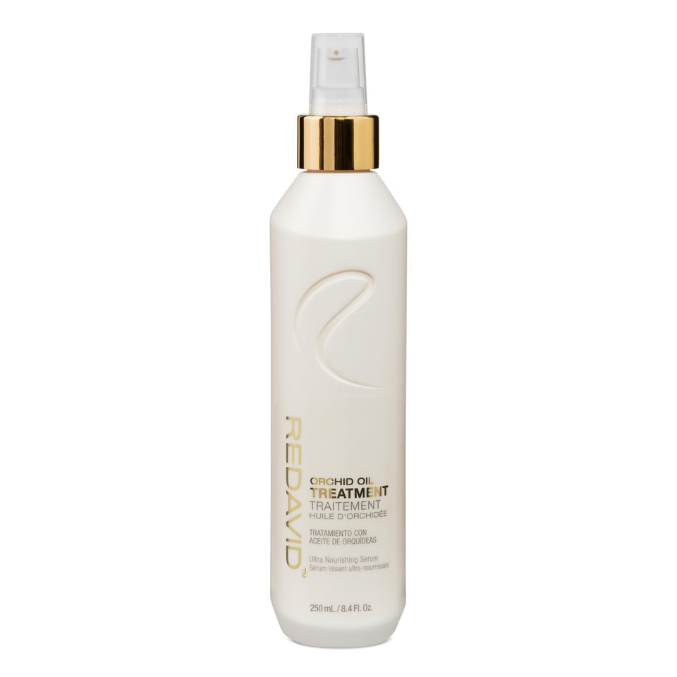Redavid Orchid Oil bottle pour showing lightweight frizz control for curls.