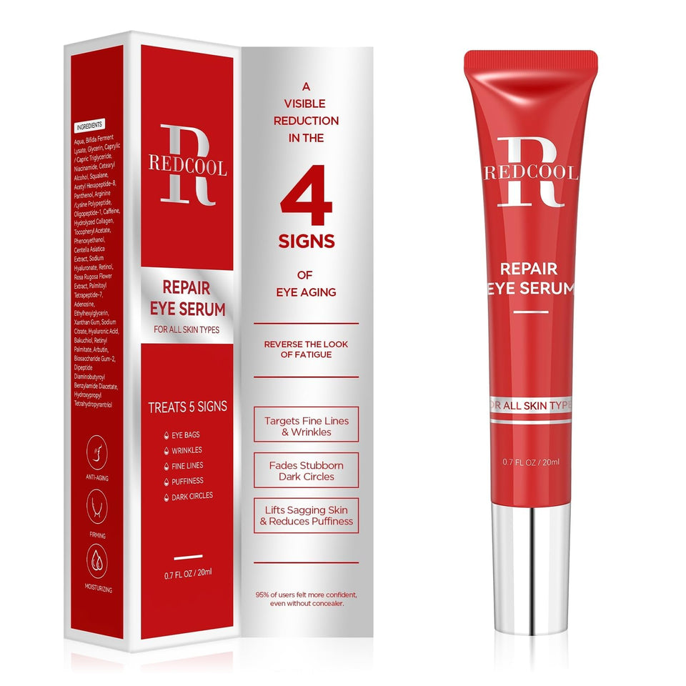 Redcool Caffeine Eye Serum bottle close-up highlighting brightening hydration.