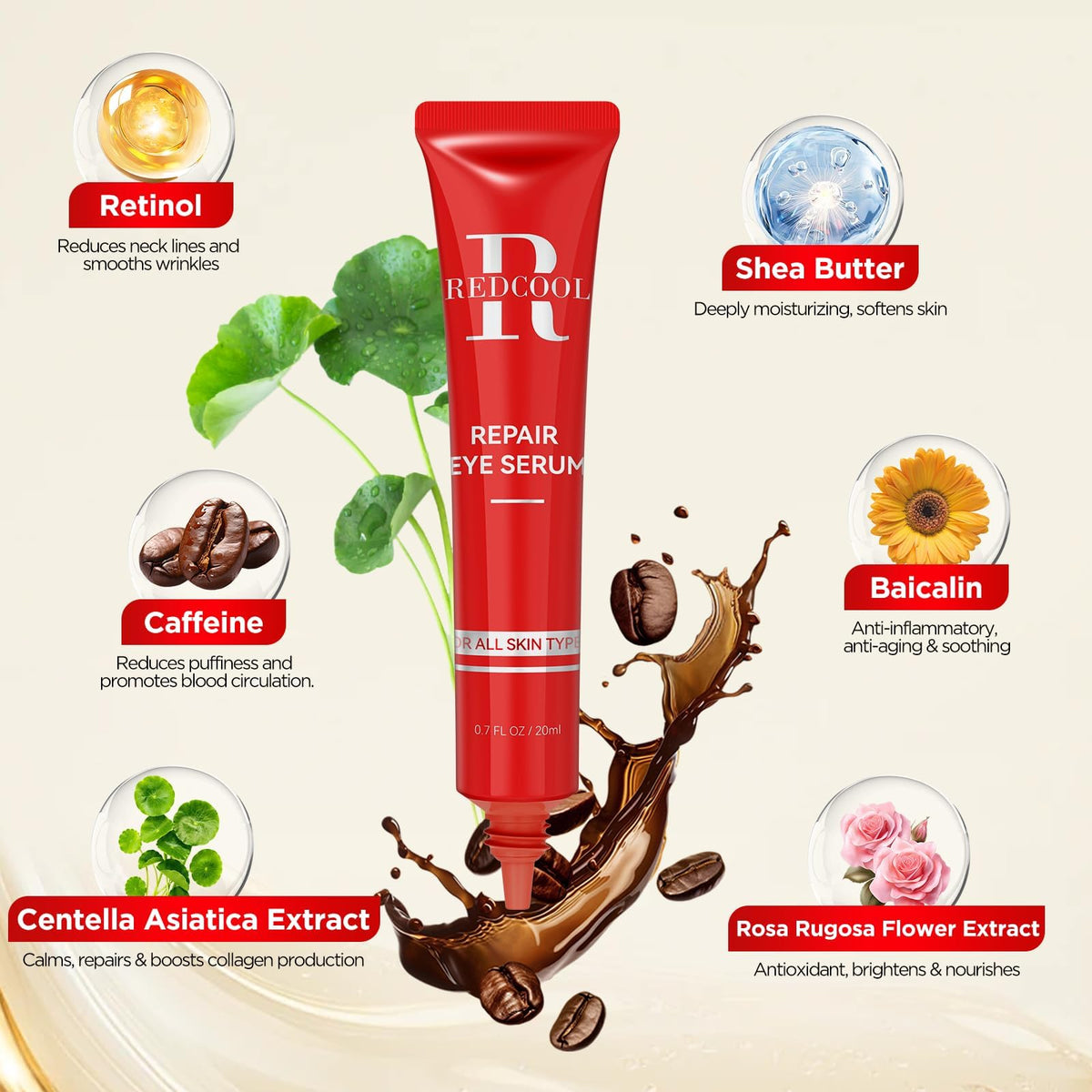 Redcool Caffeine Eye Serum packaging box displayed for premium skincare.