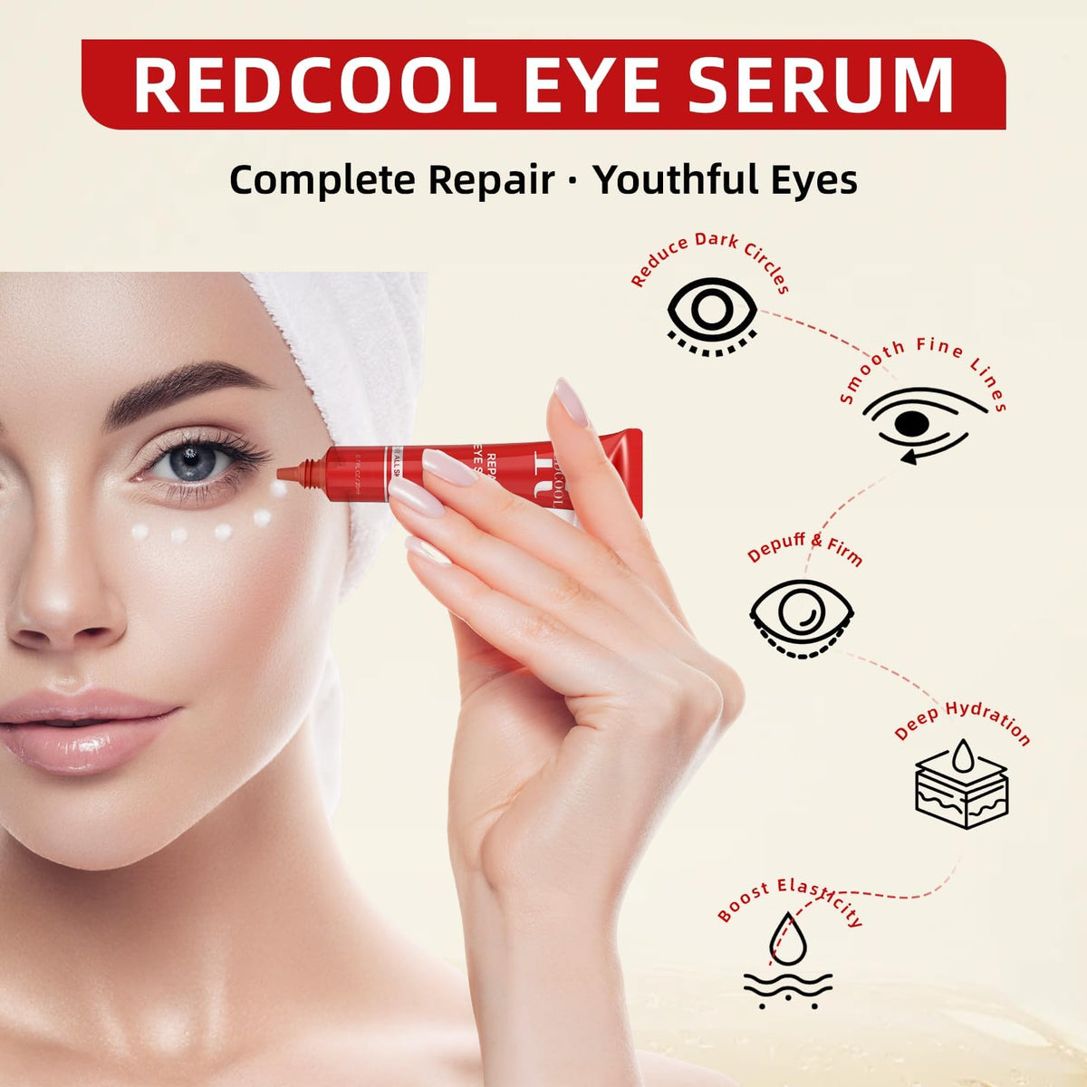 Redcool Caffeine Eye Serum pump dispenser ready for daily use.