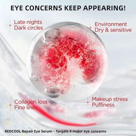 Redcool Caffeine Eye Serum applied to the under-eye area for gentle care.