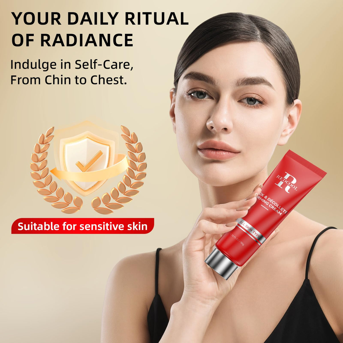 Redcool Decollete Firming Cream being applied for lifted neck and smoother skin