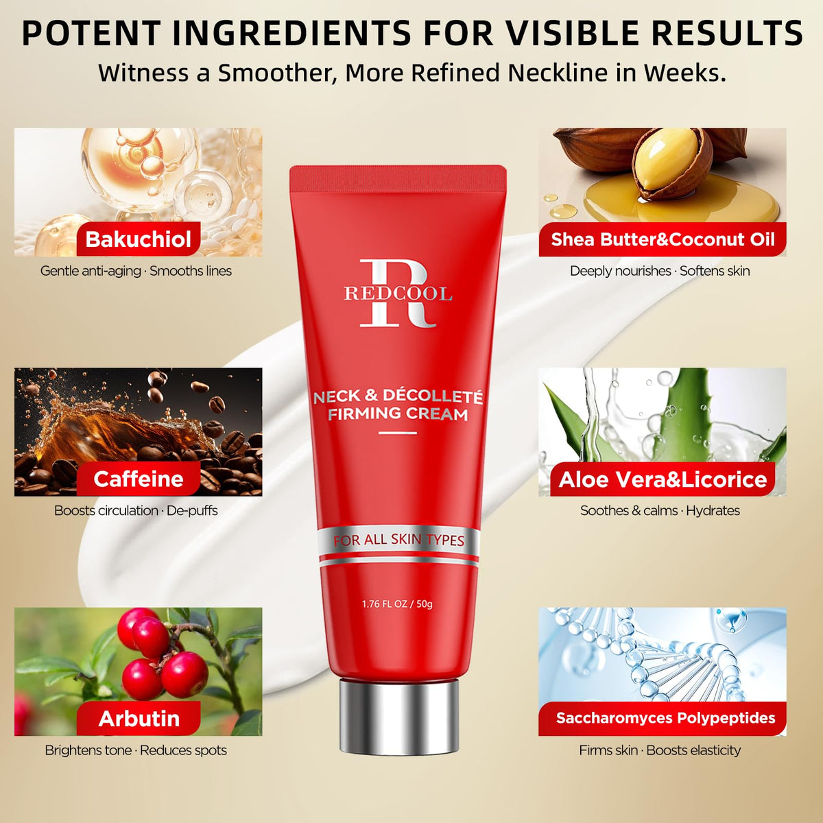 Redcool Hyaluronic Acid Peptides Neck Care Jar emphasizing deep hydration and lift