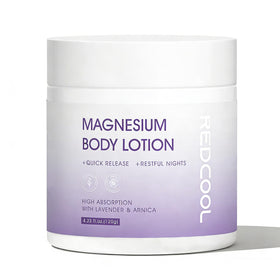 Redcool magnesium lotion bottle shown for night-time relaxation and calm before bed.