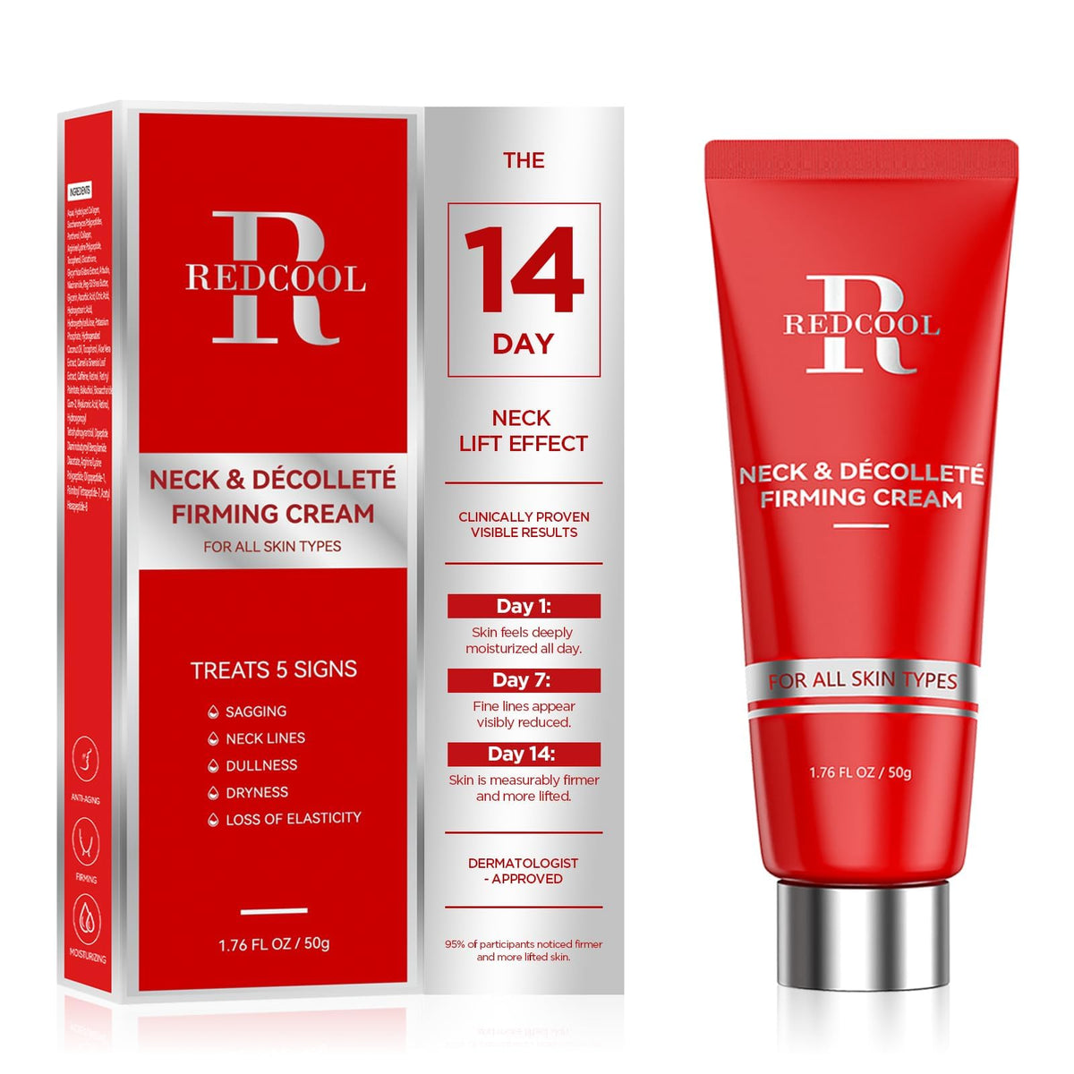 Redcool Retinol Neck Firming Cream bottle closeup showing firming benefits