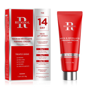 Redcool Retinol Neck Firming Cream bottle closeup showing firming benefits