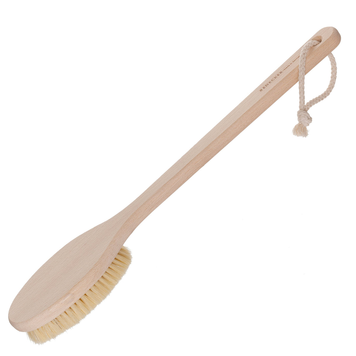 Redecker beechwood bath brush with long handle reaching difficult areas.