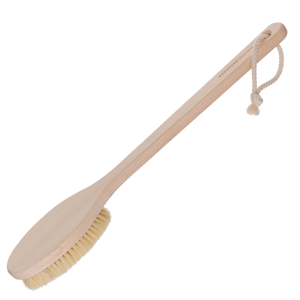 Redecker beechwood bath brush with long handle reaching difficult areas.