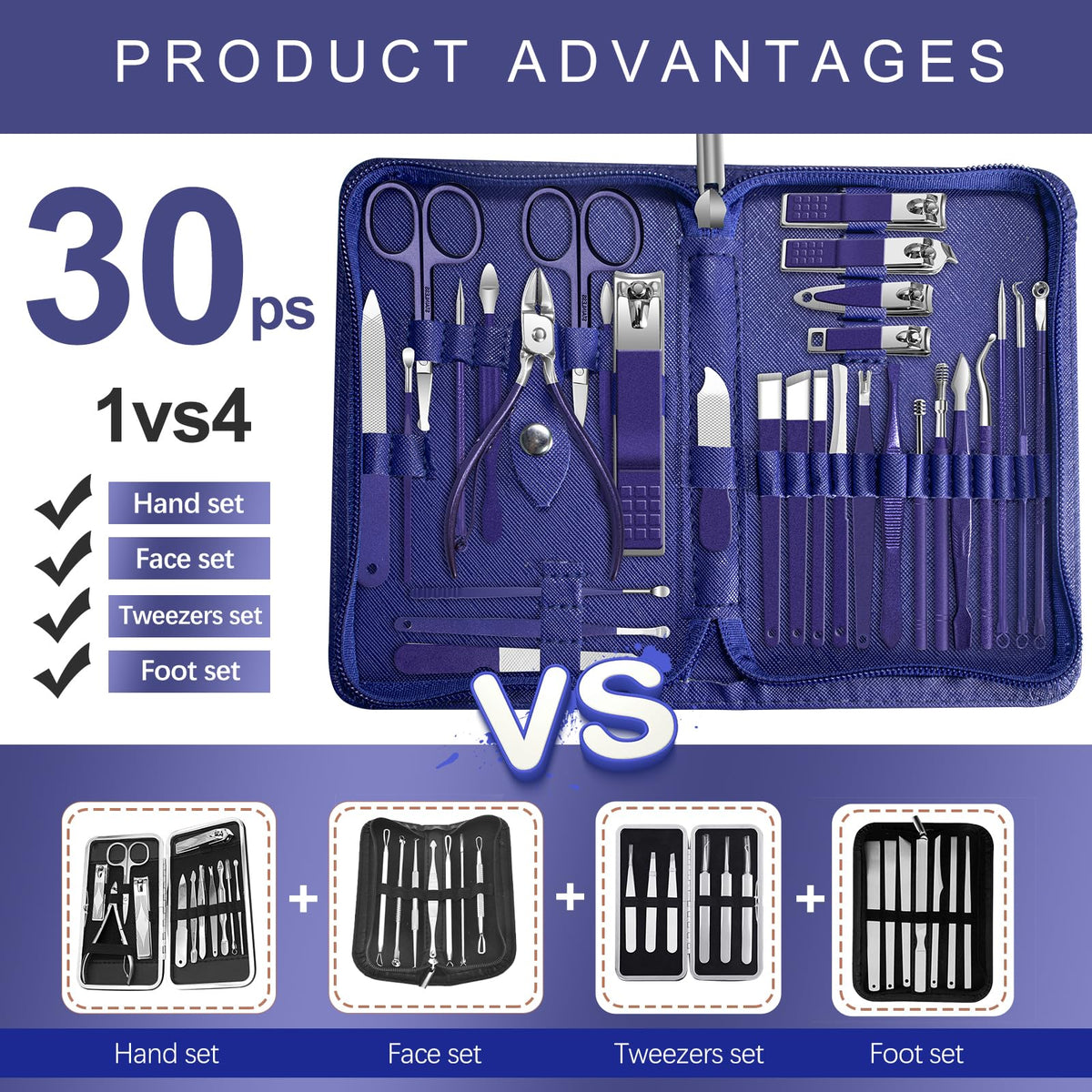 RedFlow 30-in-1 tool arrangement with diverse nail and facial care tools.