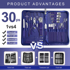 RedFlow 30-in-1 tool arrangement with diverse nail and facial care tools.