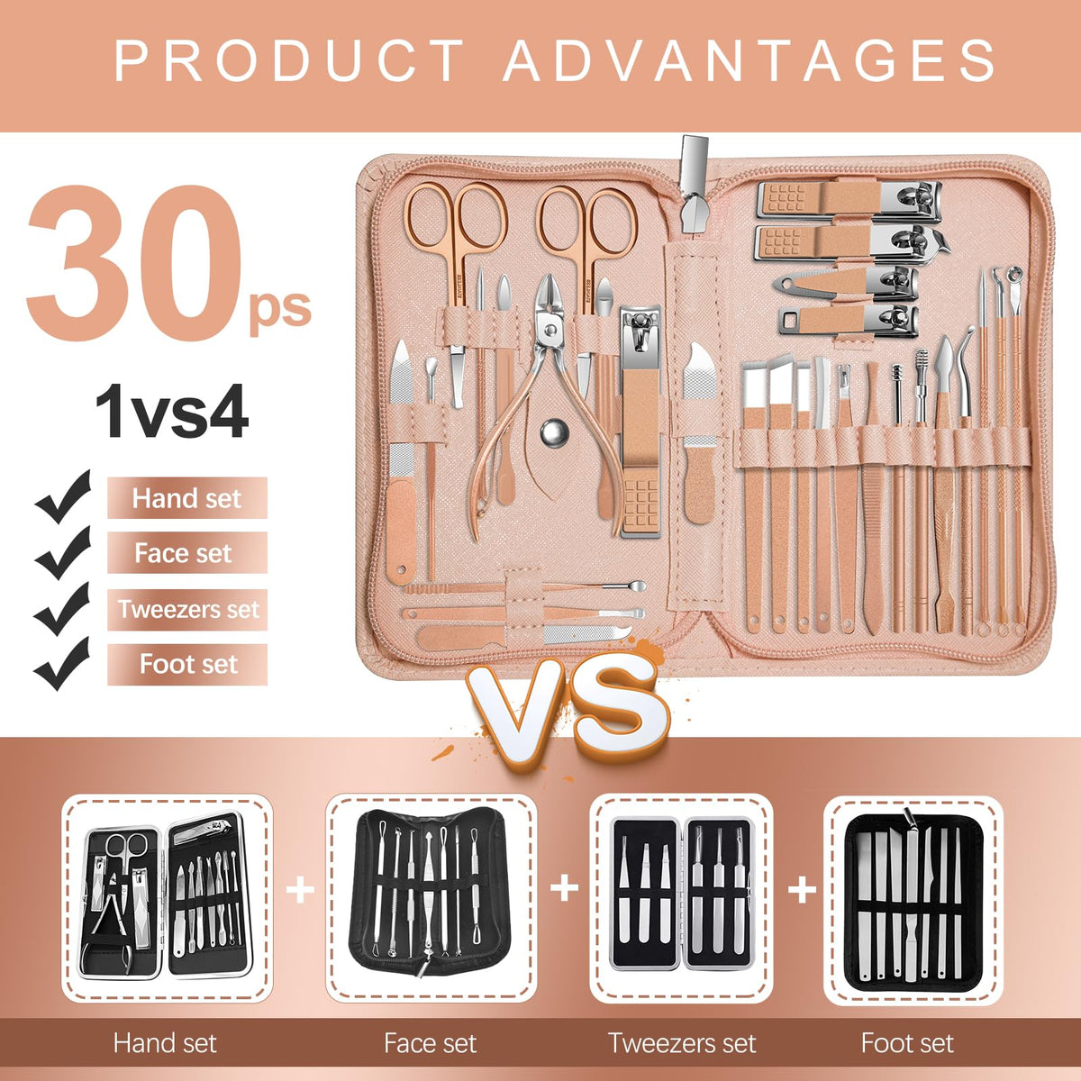 RedFlow rose gold manicure set inside case with all 30 tools