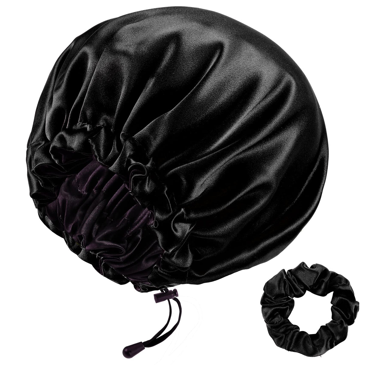 RedJoe silk bonnet on head protects hair while sleeping and adds shine