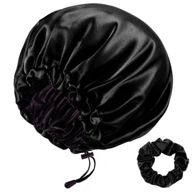 RedJoe silk bonnet on head protects hair while sleeping and adds shine