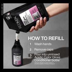 Redken Acidic Color Gloss Conditioner on hair creates a smooth, glossy finish for color-treated hair.