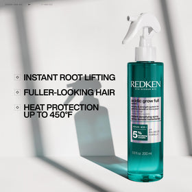 Heat protection label up to 450°F on Redken Acidic Grow Full spray