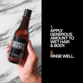 Redken Brews 3-In-1 daily-use bottle highlighting lightweight conditioning and cleansing.