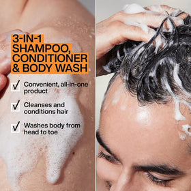 Redken Brews 3-In-1 lather demonstrates convenient daily cleanse for hair and skin.