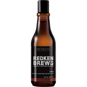 Redken Brews 3-In-1 bottle shown for daily all-in-one hair and body cleansing.