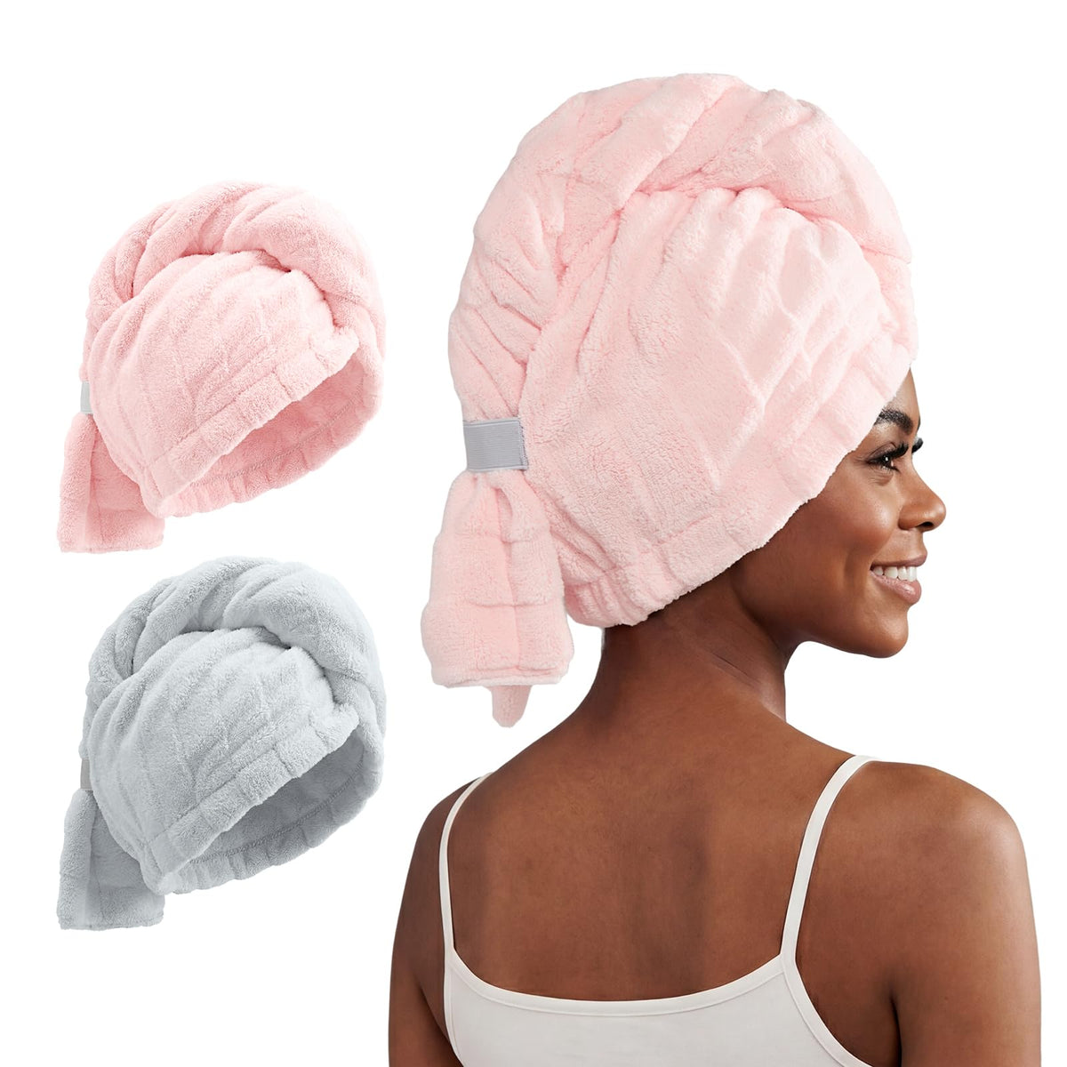 REDKISS two-pack microfiber hair towel wrap in pink gray for fast dry and gentle care