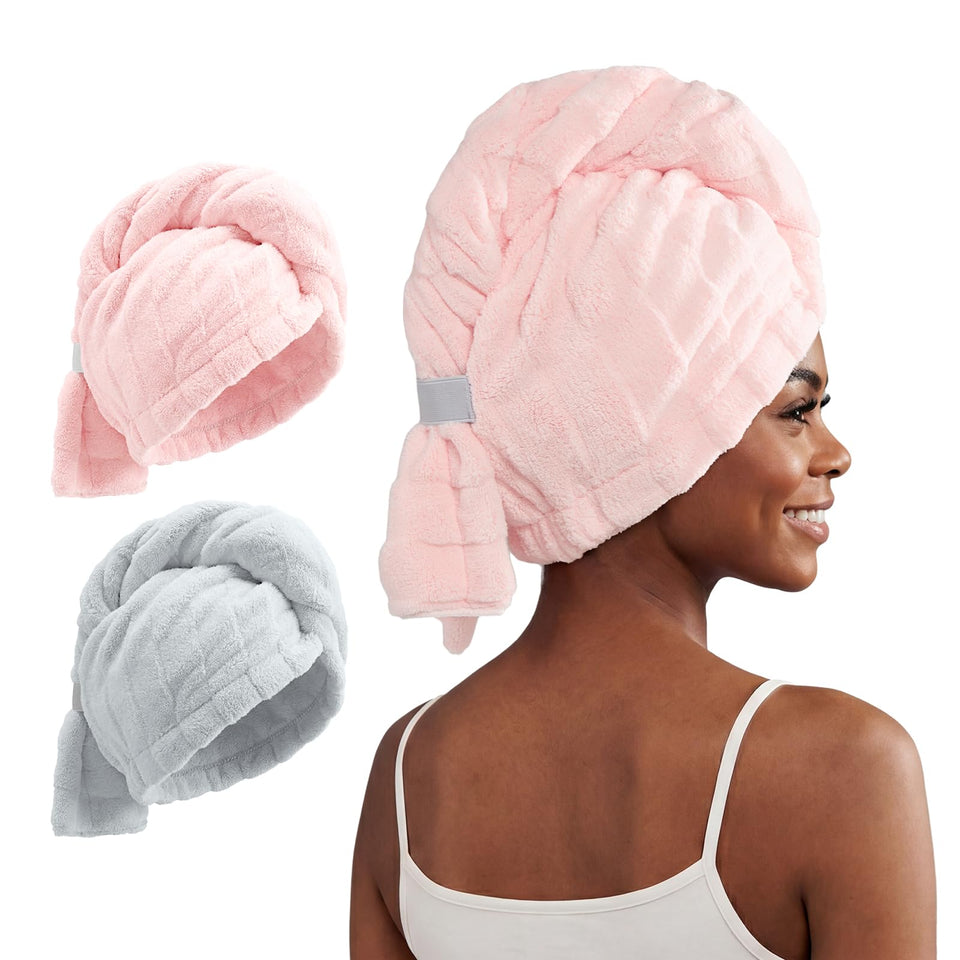 REDKISS two-pack microfiber hair towel wrap in pink gray for fast dry and gentle care
