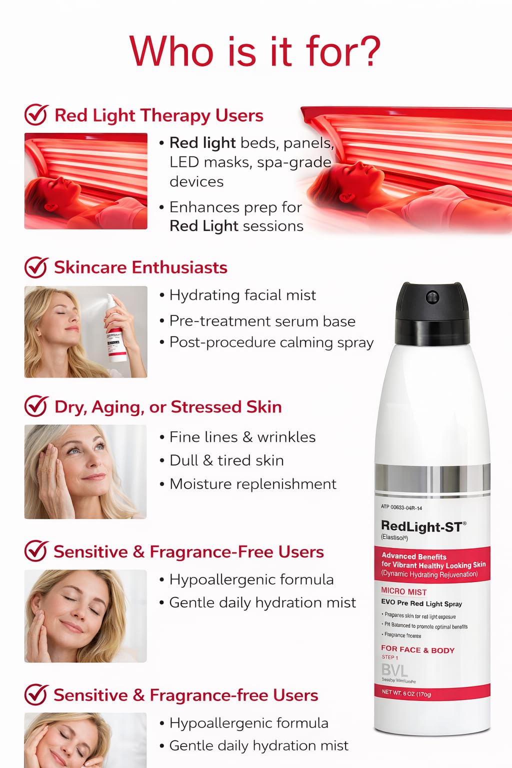 RedLight-ST usage steps illustrate mist application before red light exposure.