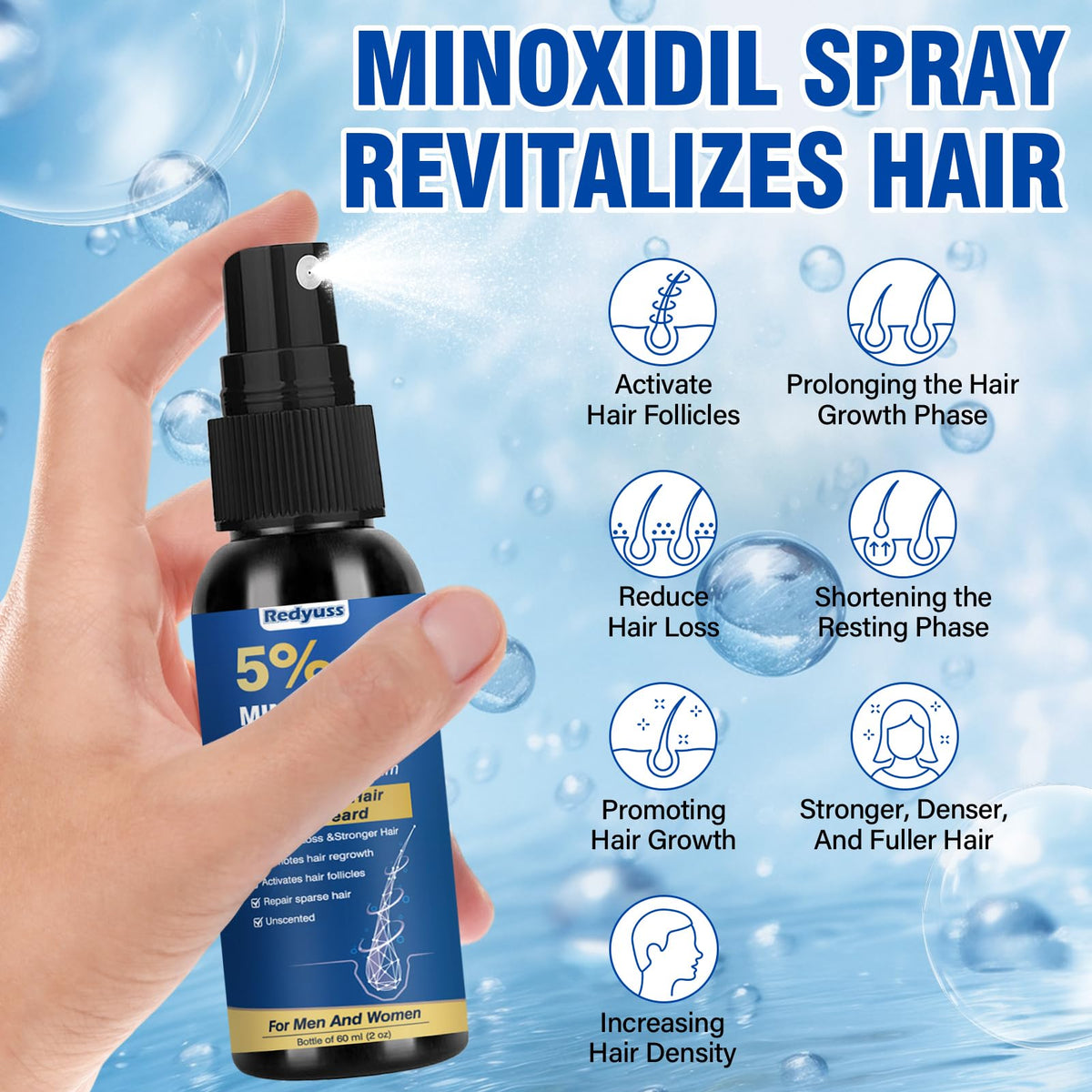 Redyuss Minoxidil applicator spray head enables precise dosing for thinning areas.