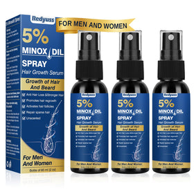 Redyuss Minoxidil bottle spray demonstrates easy daily application for thicker hair.