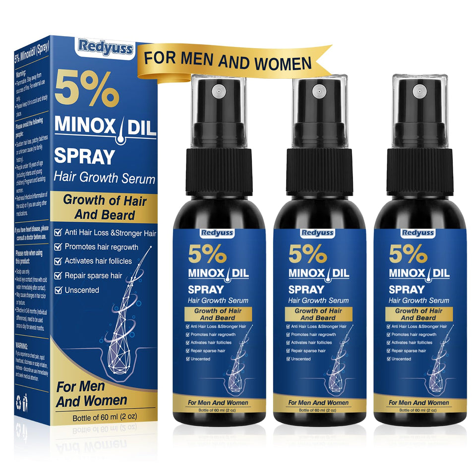 Redyuss Minoxidil bottle spray demonstrates easy daily application for thicker hair.