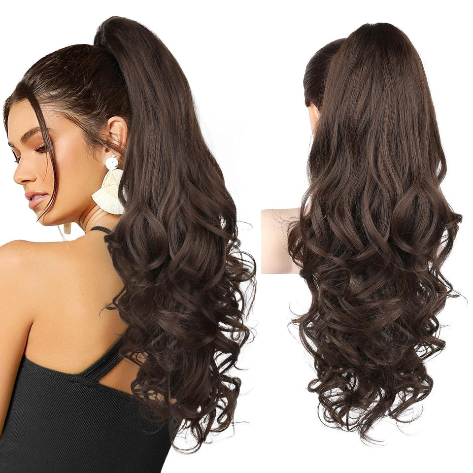 REECHO 24-inch ponyclip in dark chocolate brown front view with natural curls and added volume.