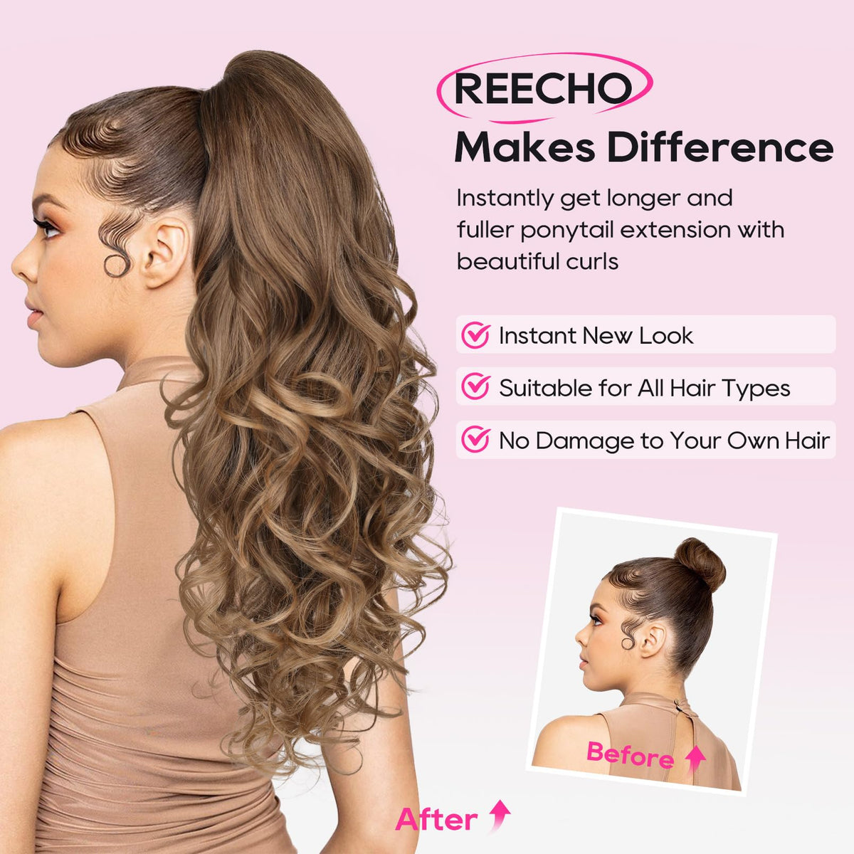 REECHO long curly closeup reveals textured fibers and natural-looking curl.
