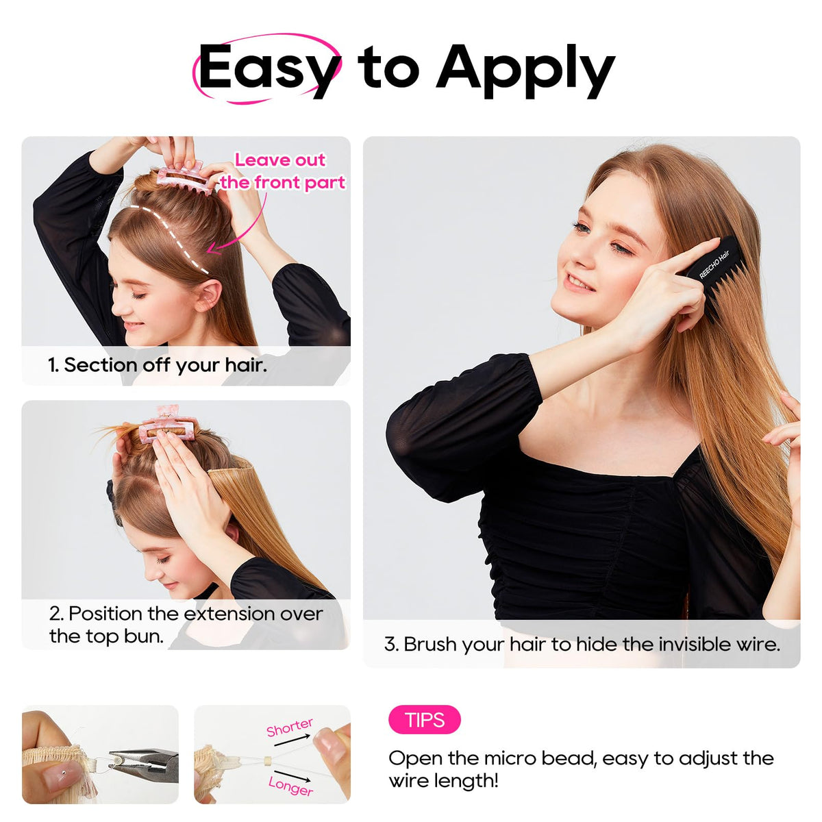 REECHO at-home styling ready look with secure clips and shine.