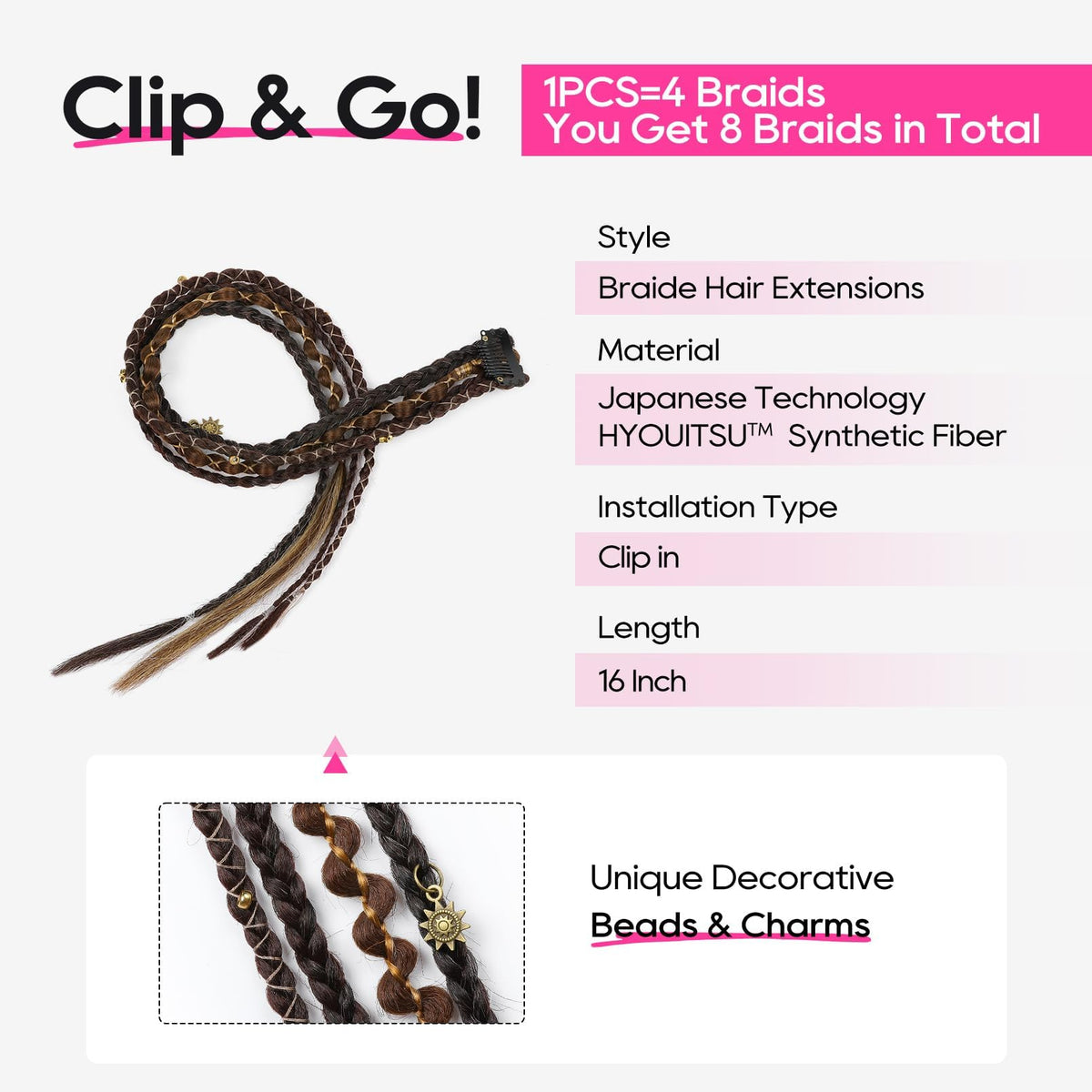 Close-up of REECHO boho dreadlock braids with beads and charms for instant boho style.