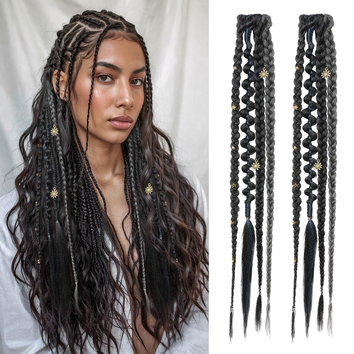 REECHO clip-in braid with boho charm beads for festival-ready style