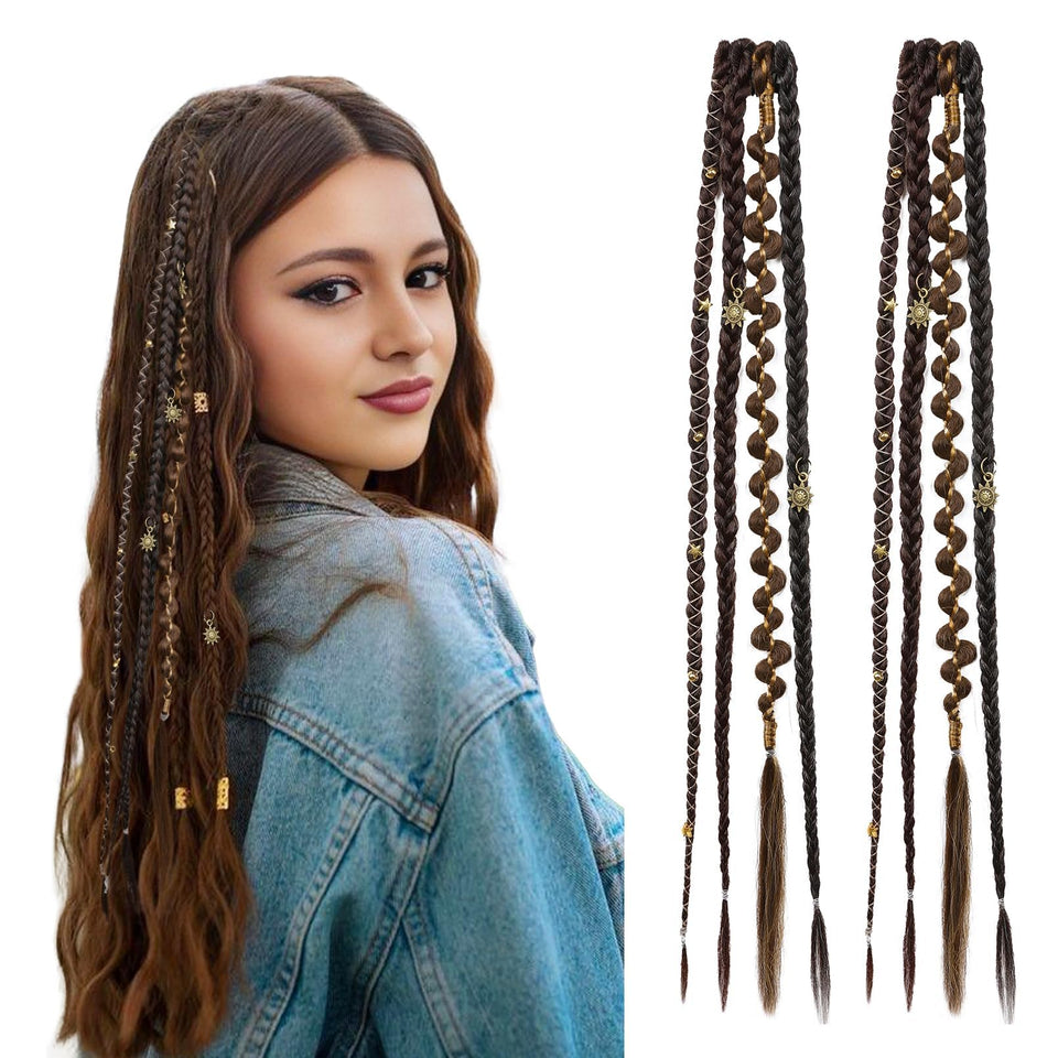 REEHO clip-in braid extensions in dark brown mix with beads for festival looks.