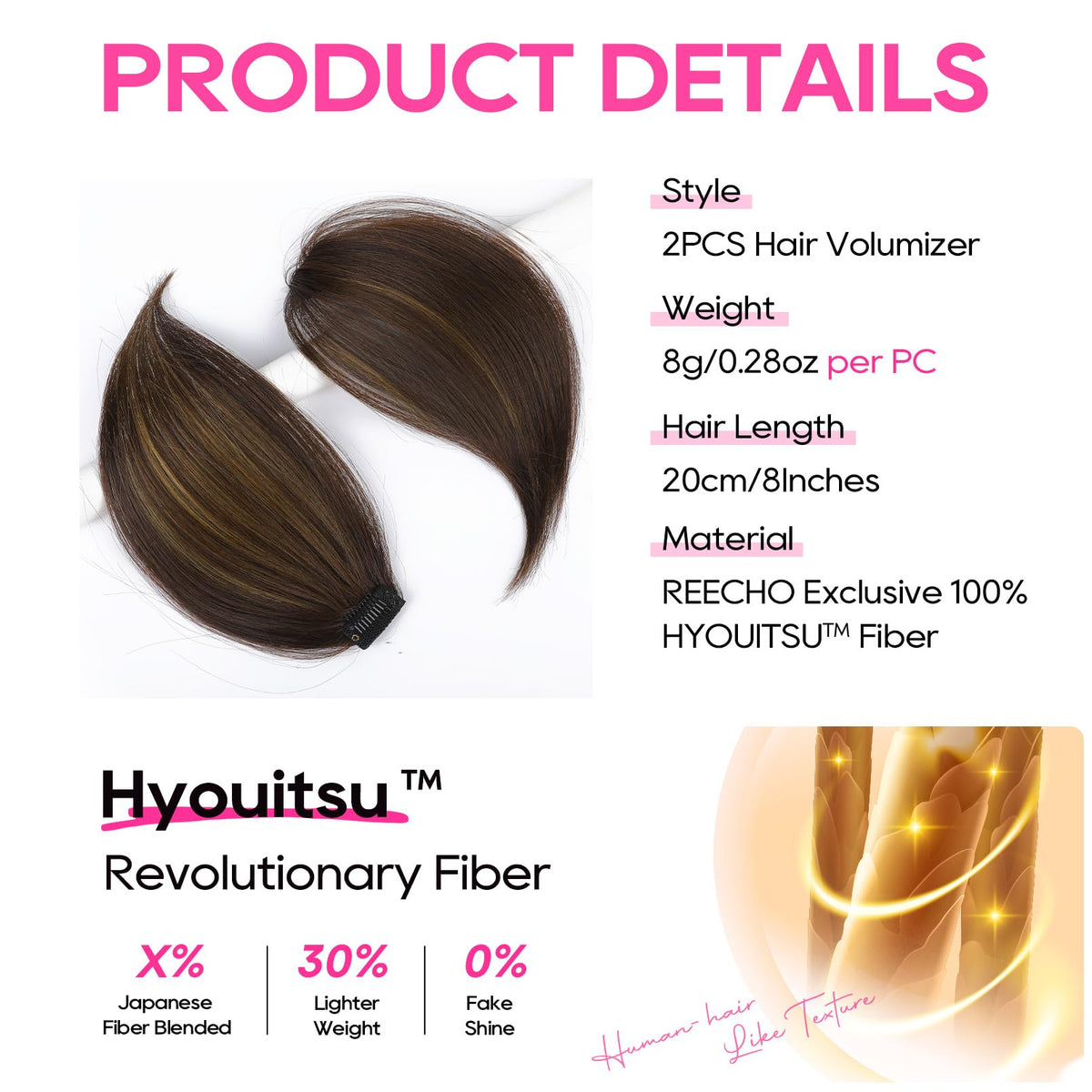REECHO volumizer adds natural-looking body to the hair at the sides.