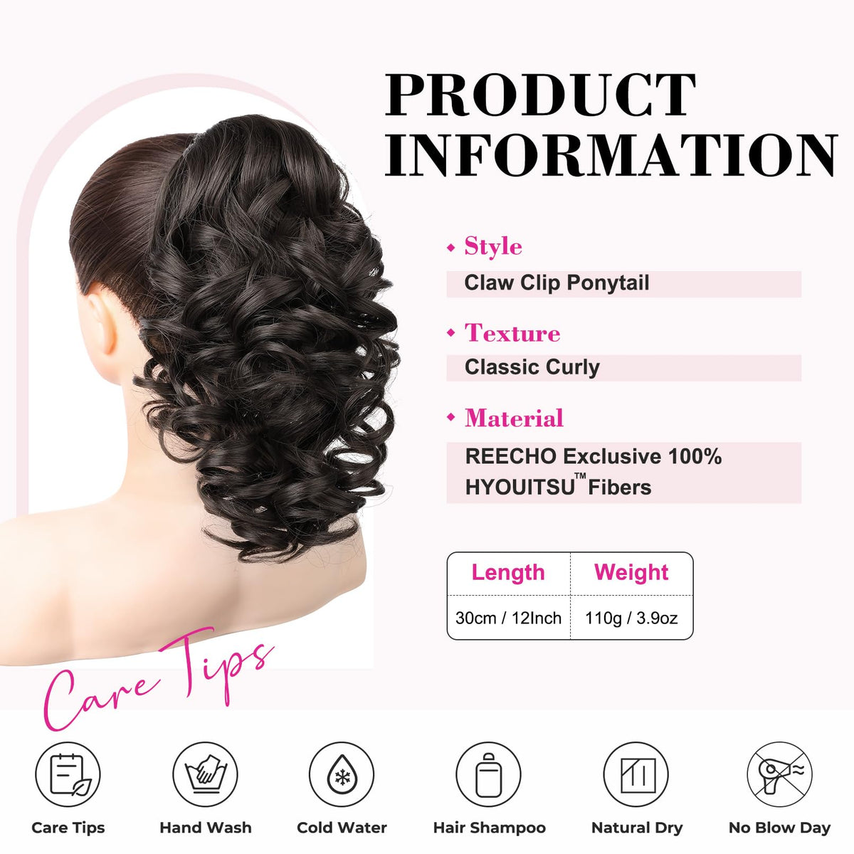 REECHO clip-on ponytail showing secure claw clip for lightweight wear
