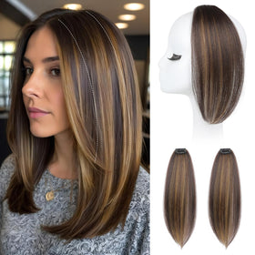 REECHO clip-in volume 12in closeup with dark brown highlights for a natural, fuller look.